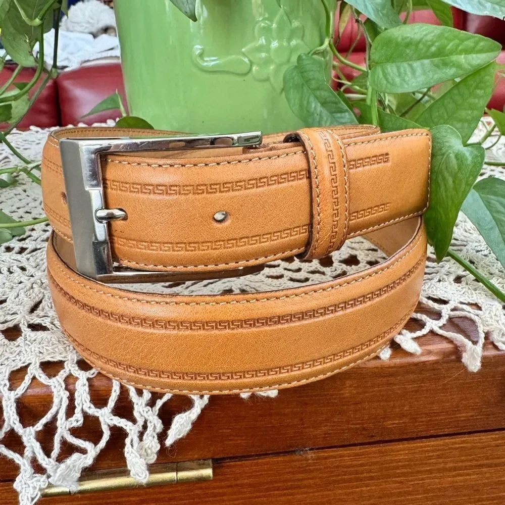 Moda Scapa Italian leather Greek key pattern blunt tip belt NWOT SZ 34
